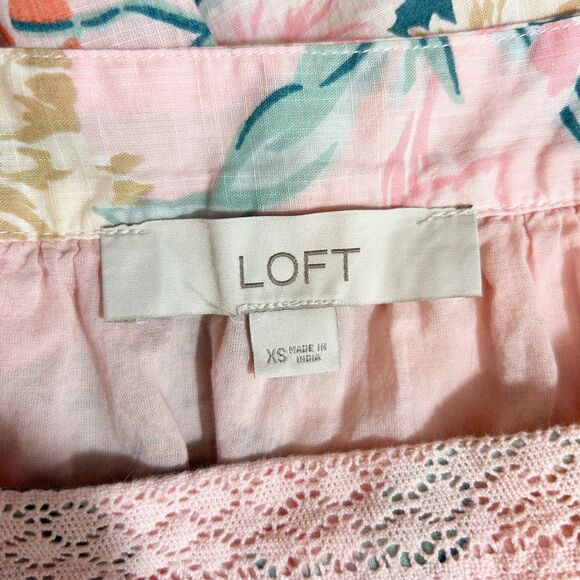 Loft 100% Cotton Pink Floral Peplum Lace Puff Sleeve Top Size XS Cottagecore - Picture 3 of 13